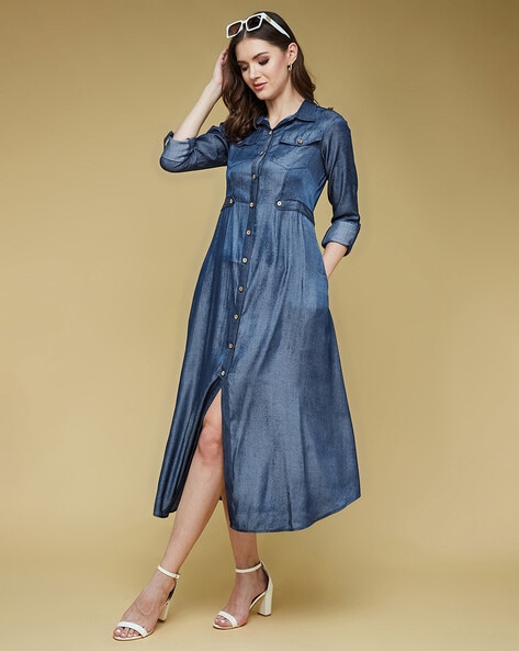 Women's Denim Dress Slim Fit Jeans Long Sleeve Korean Elegant Formal  Fashion OL | eBay
