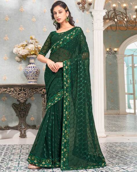 Nakkashi Bottle green colour barfi silk embroidered saree – Aapnam