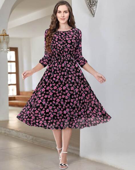Blue MISS AYSE Women's Flower Printed Fit And Flare Dress With Belt,  Handwash, Western Wear at Rs 399 in Surat