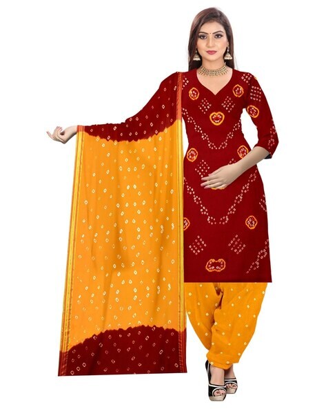 Red and Yellow Combination Pure Cotton Suits with Cotton Dupatta