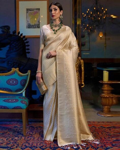 Banarasi Saree in Cream | Saree designs, Indian designer sarees, Saree