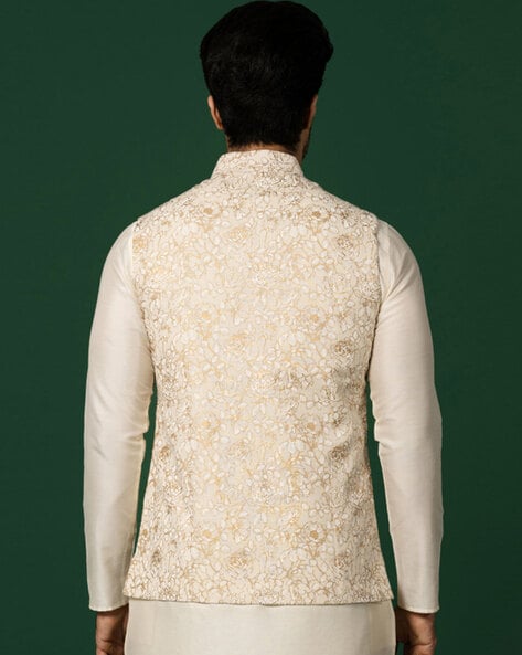 Woven Art Silk Jacquard Nehru Jacket in Off White : MEE1891