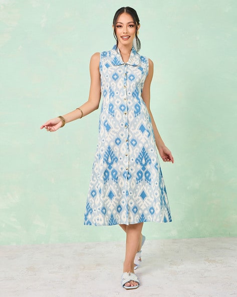 Farida Shift Dress Blue Ikat - Fair Trade Dresses | Mata Traders