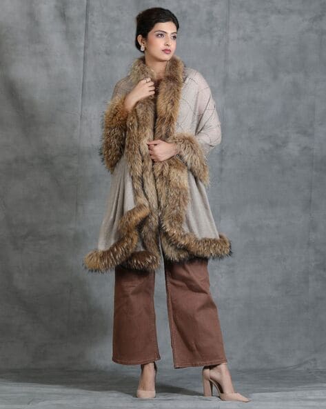 Cashmere Wool Diagonal Stone Work Fur Stole Price in India