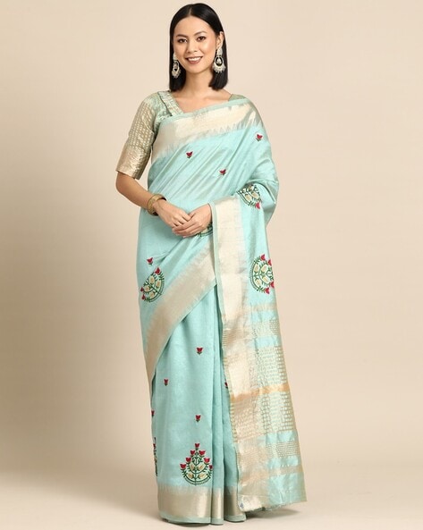 Light Green and Peach Embroidered Silk Saree features a stunning silk saree.  Embroidery work is completed with zari, th… | Trendy sarees, Saree designs, Silk  sarees