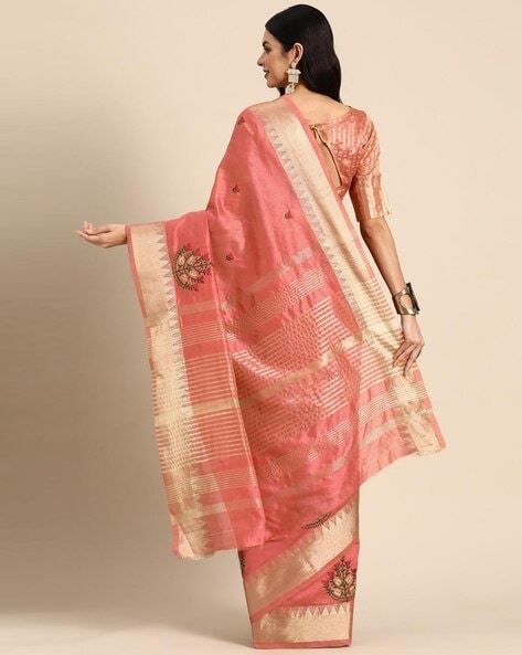 Baby pink color linen cotton saree with embroidery work