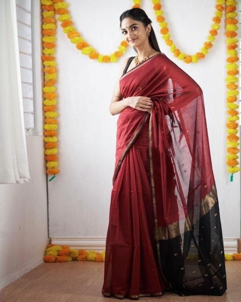Red Banarasi Silk Saree highlighted with Floral weaves and Contrast Woven  Border - Mirra Clothing
