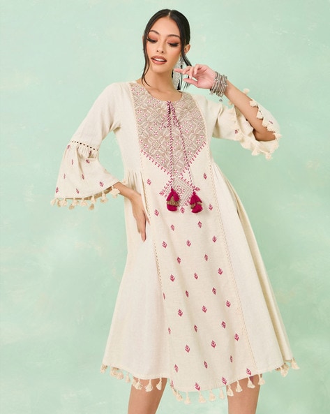 Women Embroidered A-Line Dress with Neck Tie-Up Detail