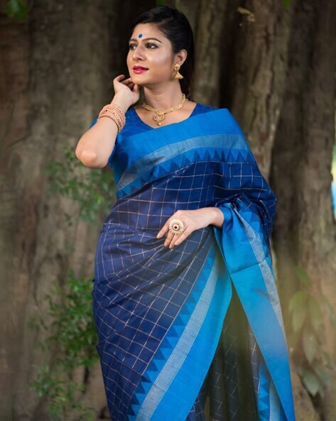 Zari Checks Kanjivaram Pure Silk Saree with Meenakari Buttas and Handw –  Shobitam