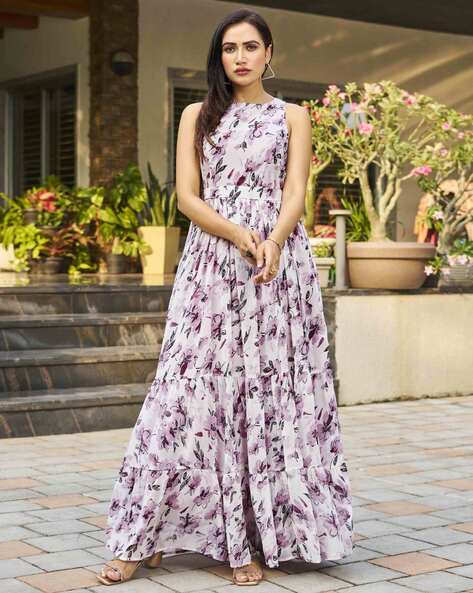 Women Chiffon Maxi Dress Floral Print Sleeveless Beach Big Hemline Summer  Gown | eBay