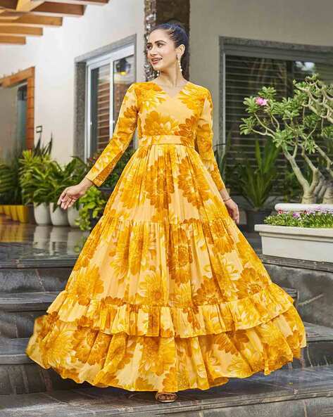 Mustard Yellow Printed Ethnic Gown, Stitched at Rs 2650/piece in Ahmedabad  | ID: 25235903197