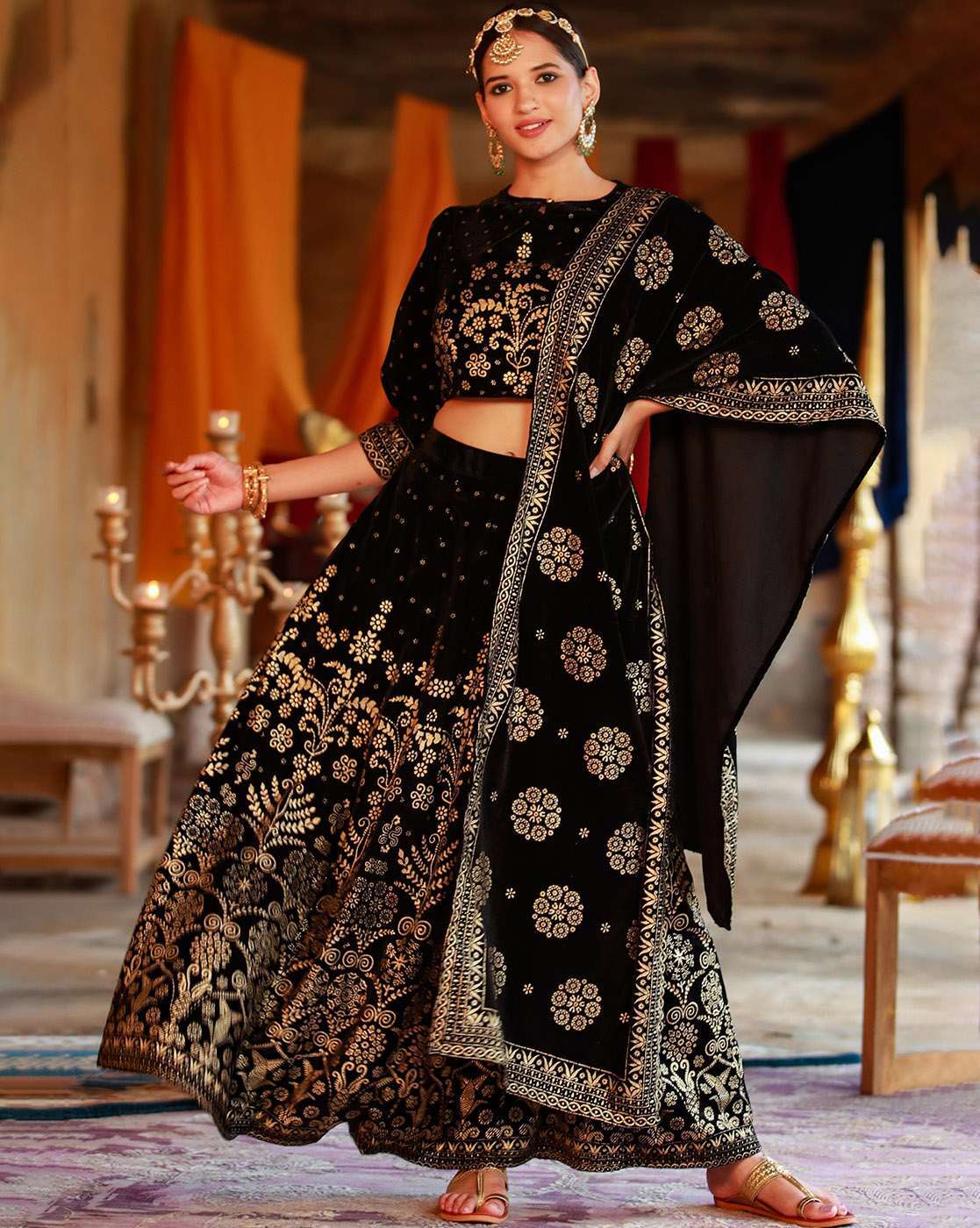 Pakistani Black Velvet Lehenga with Golden Choli Online – Nameera by Farooq