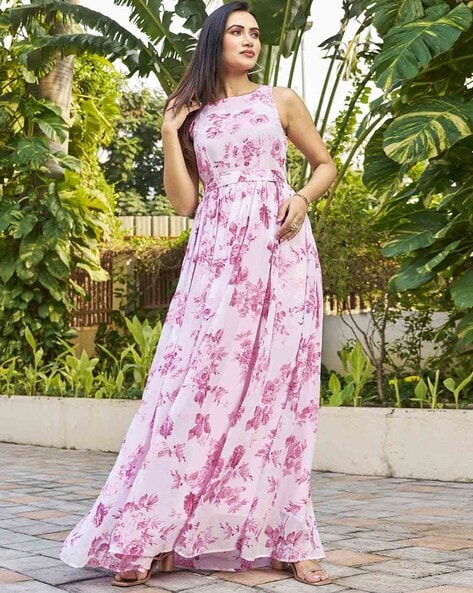 Super Stylish Off White Floral Printed Readymade Gown For Women –  FOURMATCHING