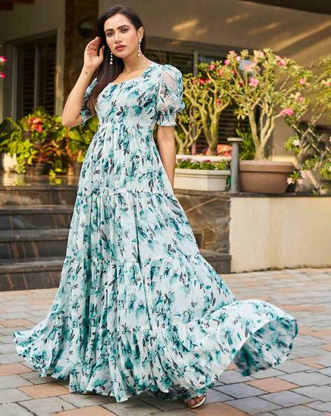 Floral Print Chiffon Ankle Length White Maxi Dress at Rs 1800