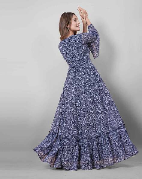 Brielle Gown in Blue Ikat Floral - Sachin & Babi