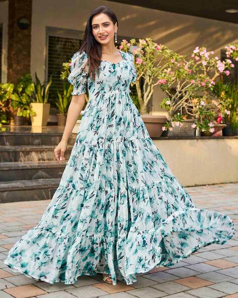 Strapless Floral-Print Long Prom Ball Gown