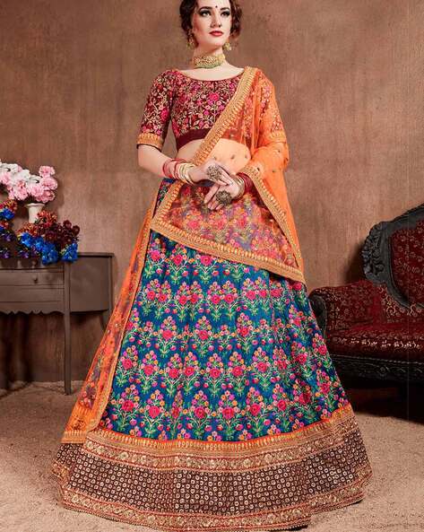 Buy Rangpur Orange Lehenga Set With Blue Banarasi Dupatta online