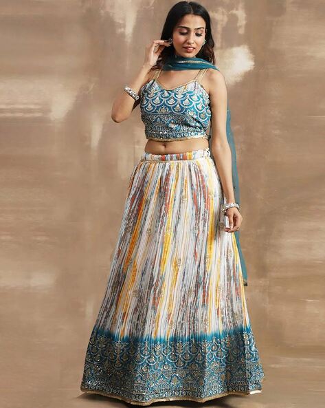 Buy Party Wear Peach Lucknowi Work Net Crop Top Lehenga Online