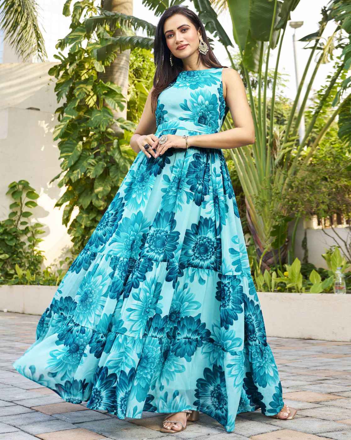 Women's Casual Wear Georgette Floral Printed A-Line Long Gown Maxi Dress