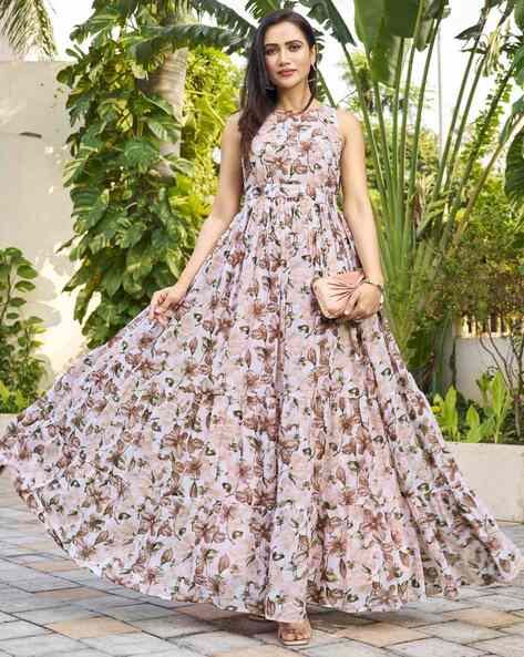 Peach Georgette Gown With Embroidered Designs at Soch