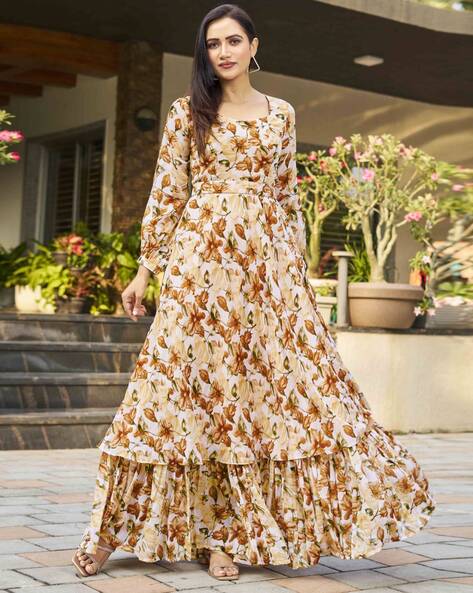 Gorgeous White Floral Printed Silk Gown With Dupatta