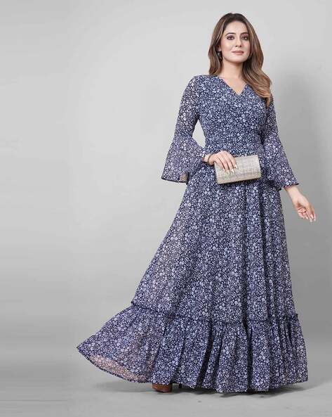 CREPE SILK GREY FLORAL PRINT Gowns - RENT