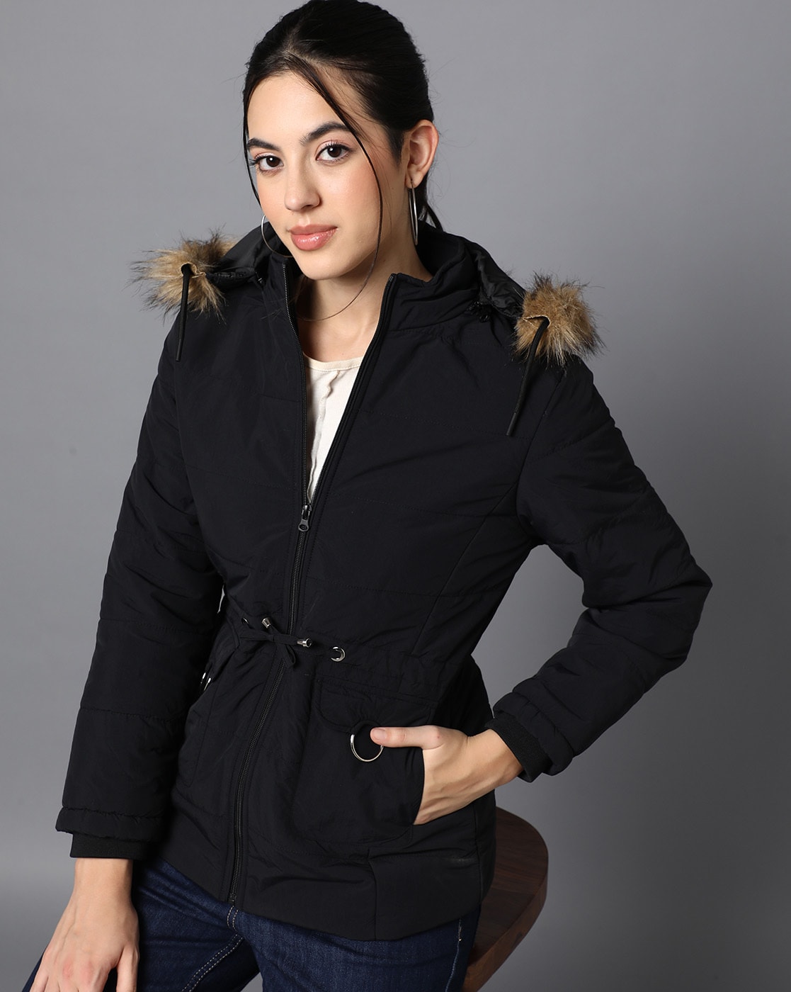 Buy online Women Solid Grey Fur Hooded Parka Jacket from jackets and  blazers and coats for Women by Vero Amore for ₹999 at 73% off | 2024  Limeroad.com