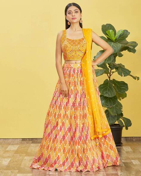 Buy Women's Mustard Chevron Lehenga with Kurta | Aditi Gupta