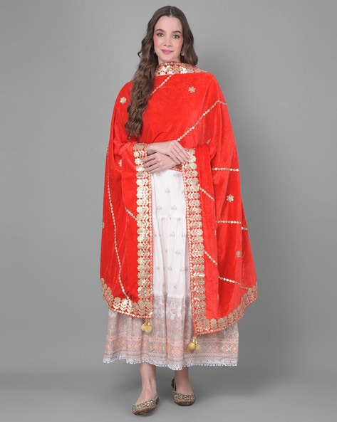 Women Embroidered Dupatta with Tassels Price in India