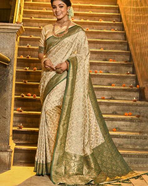 Make a Style Statement with Our Soft Kanjeevaram V[Cream & Brown Silk Sarees  – Sareeko