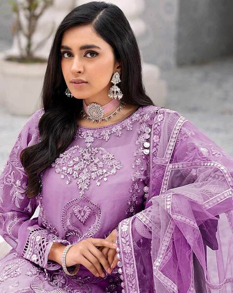 Pink, Purple and Rani Cotton Churidar Suit, Below Knee Length Kameez Online  - Andaaz Fashion