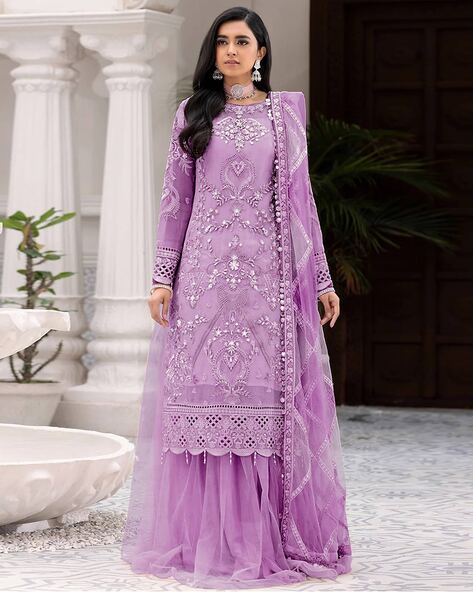 lavender color Flower suit And Dress Material with four sided crochet lace  chiffon dupatta ( LAVENDAR COLOR DOUBLE FLOWER )