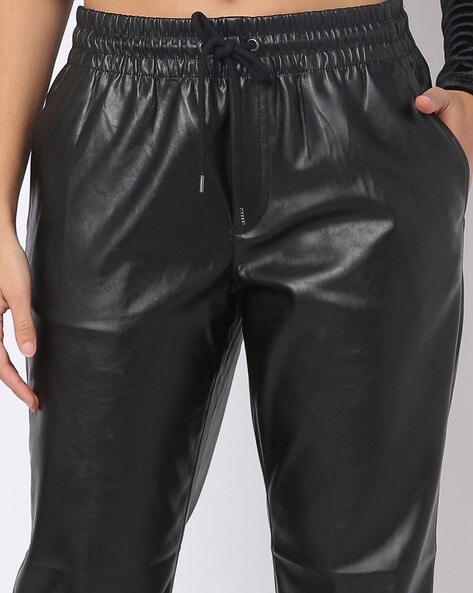 Faux Leather Flat-Front Trousers