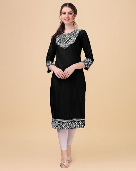 Buy Stylish Black Rayon A-Line Embroidered Stitched Kurti For Women Online  In India At Discounted Prices