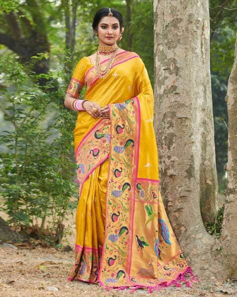 Buy Aarrah Yellow & Navy Blue Woven Design Pure Marathi Paithani Silk Saree  - Sarees for Women 9361055 | Myntra