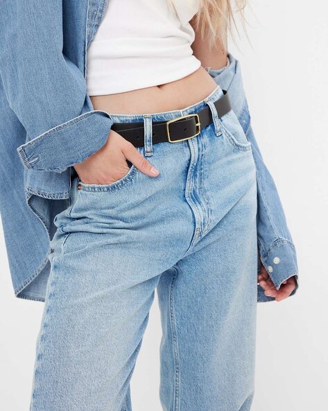 ASOS DESIGN Wide leg jeans with cinch waist detail in mid stone wash