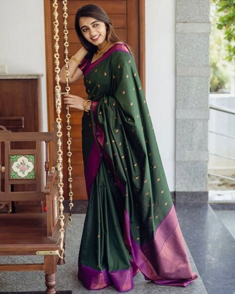 Elaborate Dark Green Soft Silk Saree With Redolent Blouse Pi