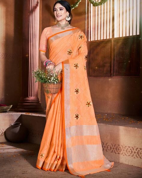 Amber Orange Woven Soft Banarasi Silk Saree with Contrast Pa