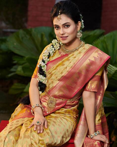 Black Silk Saree | Yellow Saree | Indian wedding Saree | South Indian –  Vara Vastram