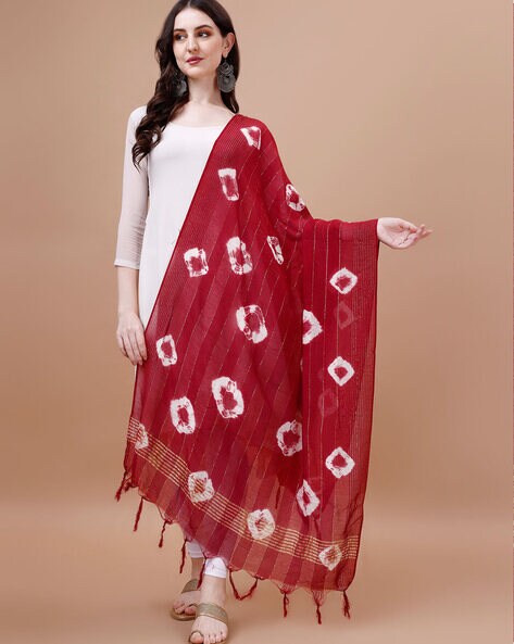Women Tie & Dye Print Dupatta with Tassels Price in India