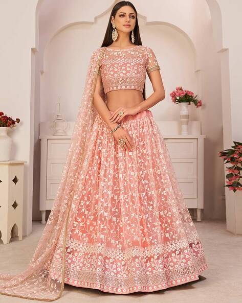 Buy Women Pink Organza Mirror Work Lehenga Choli Online -Inddus.com
