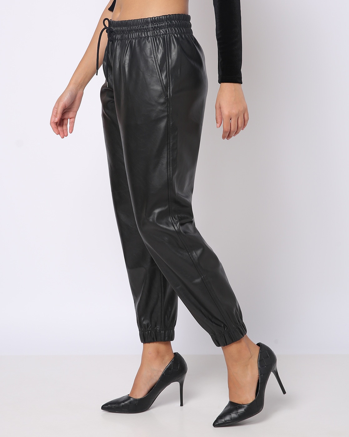 Elastic closer leather pant in black for Ladies Pant