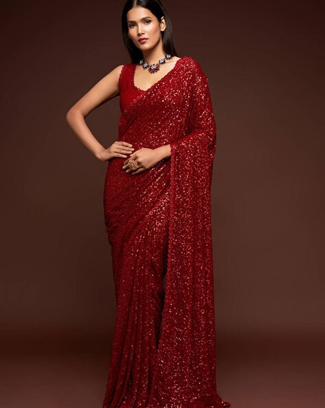 Red Pure Crepe Embroidered Saree Set Design by Shikhar Sharma at Pernia's  Pop Up Shop 2024