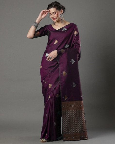 Ethnic Junctions Women's Banarasi Saree With Designer Blouse, Wine