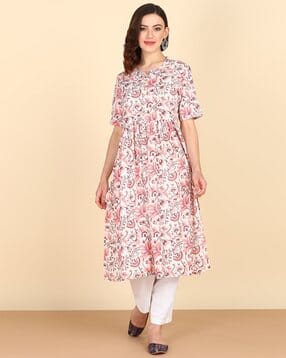 indie picks Women Floral Print Flared Kurta-picture-10