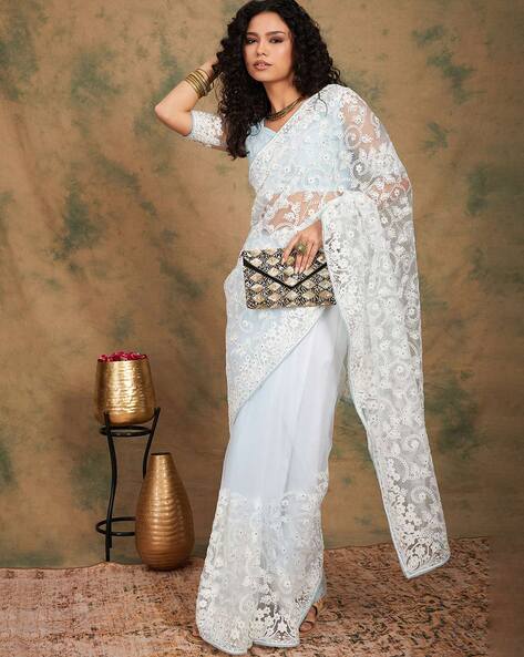 Off white clearance embroidered net saree