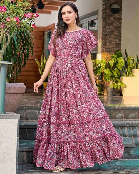 Pink Floral Print V neck Ferry Party wear Dress at Rs.480/Piece in surat  offer by syndrella