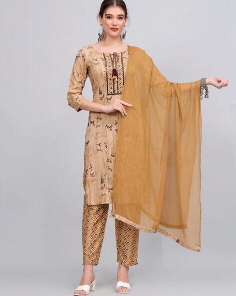 Women Leaf Print Straight Kurta Suit Set Price in India