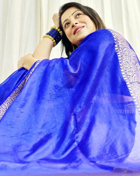 Party Wear Banarasi Silk Saree Blue Colour