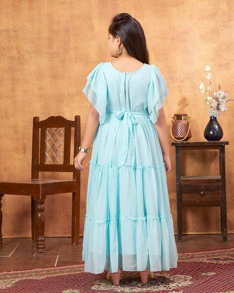 sky blue Frock Kurti with Embroidered Georgette - KTI1836